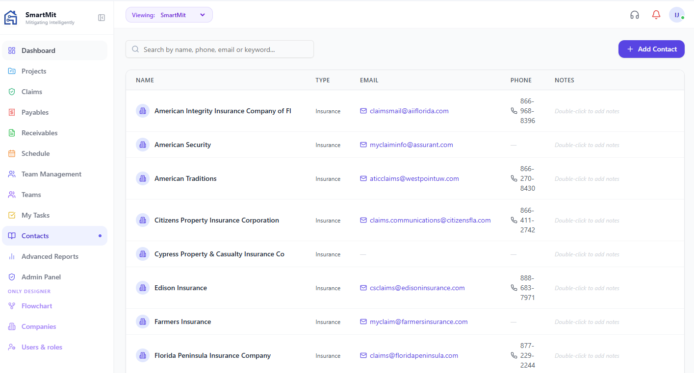 Contact Management snapshot